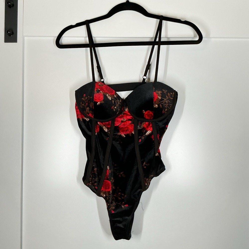 Velvet Red And Black Floral Bodysuit Thong Babydoll Whimsigoth Fairy Grunge
